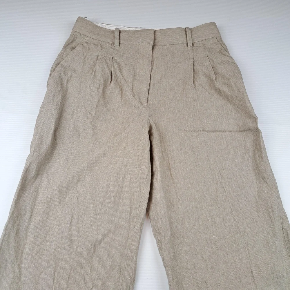 Aritzia Pants Womens 8 Beige Linen Wide Leg Pleated Dress Trousers Career Office